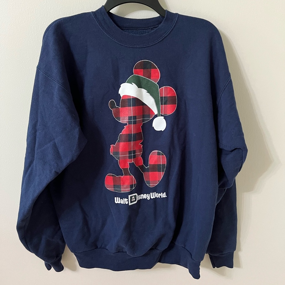Disney Parks Walt Disney World Navy Christmas Sweatshirt Plaid Mickey Medium